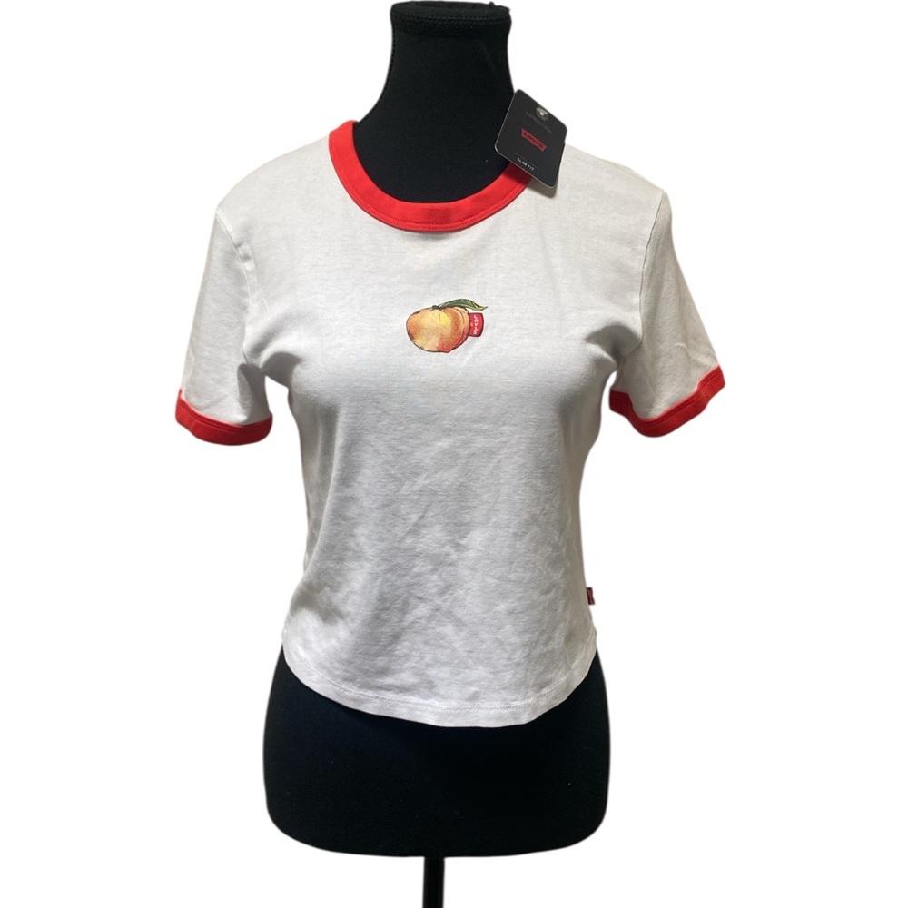 Levi's White Tee with Red Trim and Peach Design NWT L